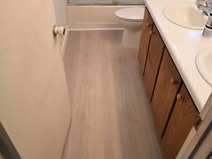 Bathroom with new plank flooring and baseboard trim