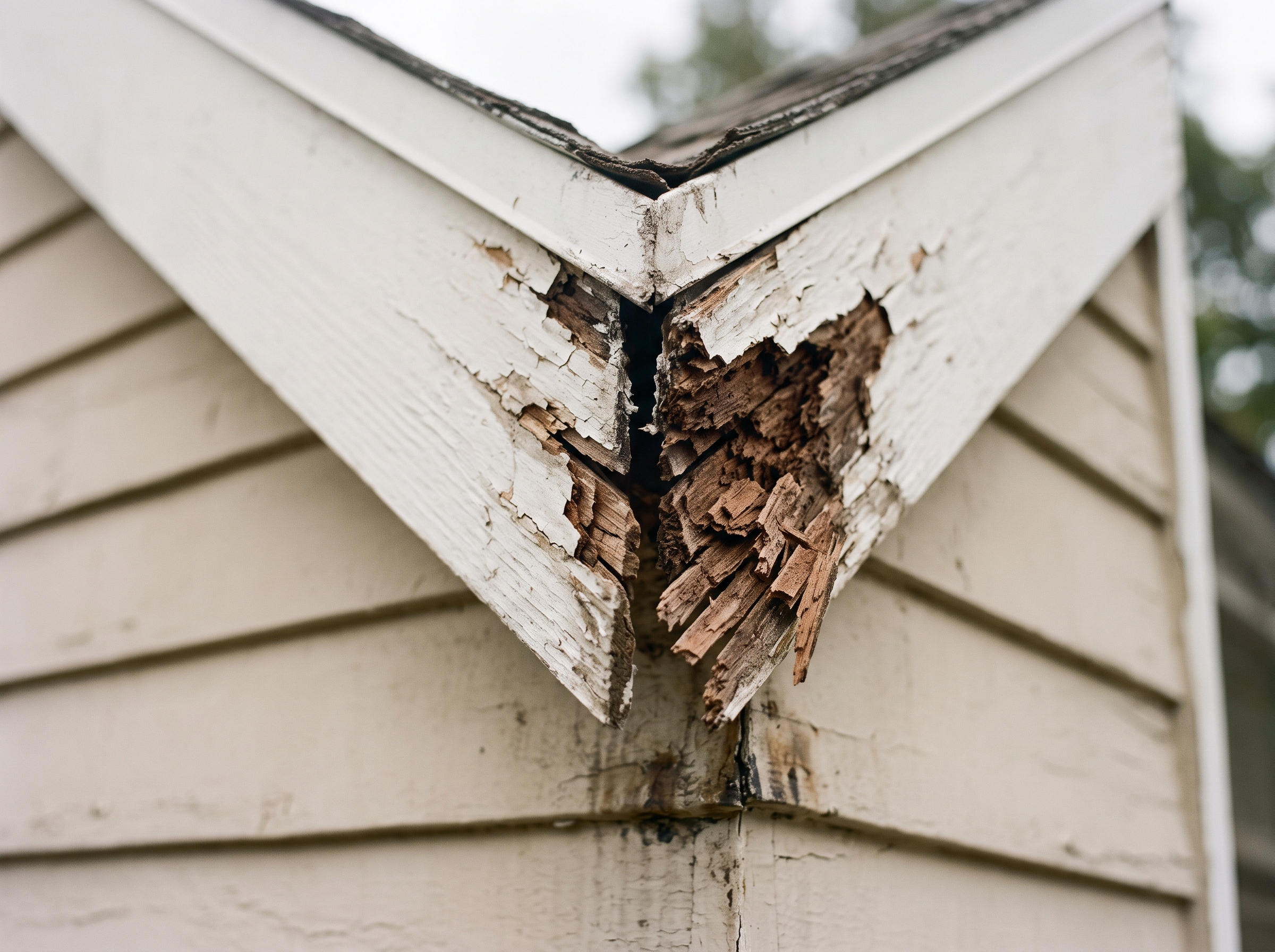 Crumbling painted wood at an open trim joint