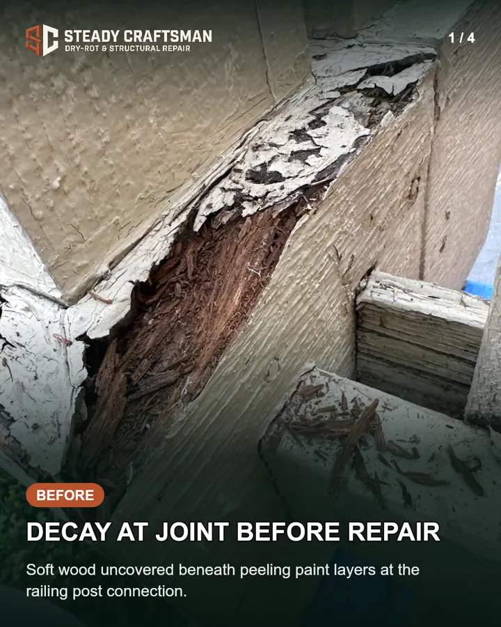 Deteriorated wood exposed beneath peeling paint at a porch railing connection