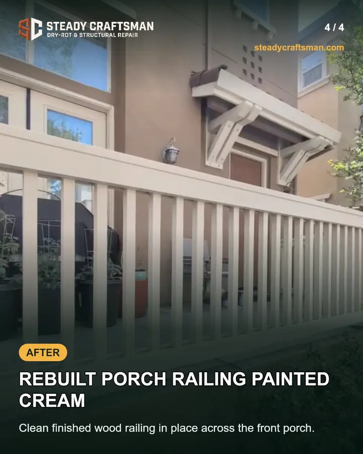 Finished cream-painted porch railing from the documented project