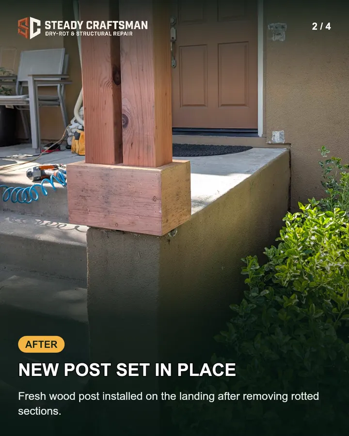 New unfinished wood post installed beside porch steps